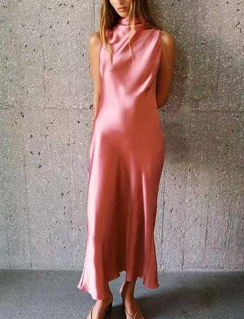 Summer Women Clothing Satin Texture Midi Dress