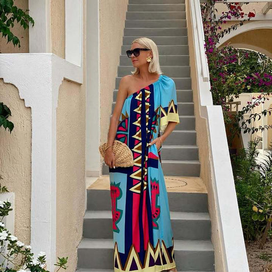 Oblique Shoulder Vacation Dress