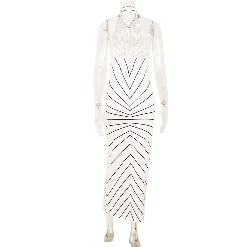 Striped Print V neck Halter Twist Fitted Waist Backless Formal Dress