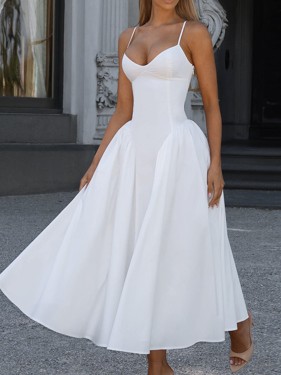 V neck Strap Backless White Dress