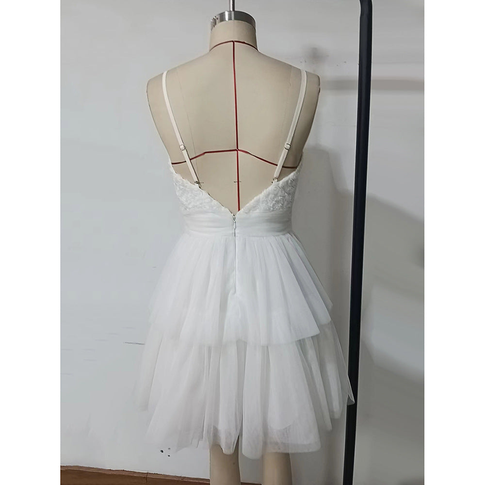 White Mesh Camisole Short Evening Dress