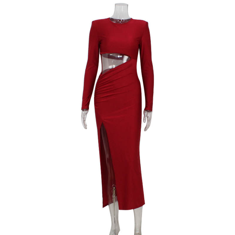 Round Neck Long Sleeve Retro Dress