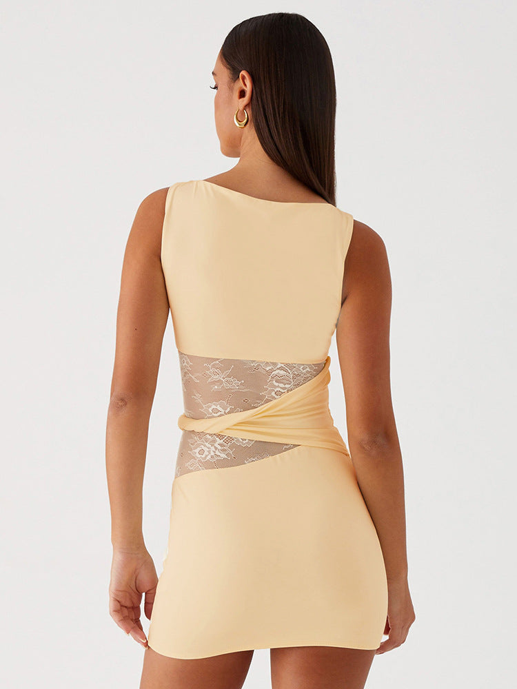 Sleeveless Lace Hollow Out Twist Ring Dress