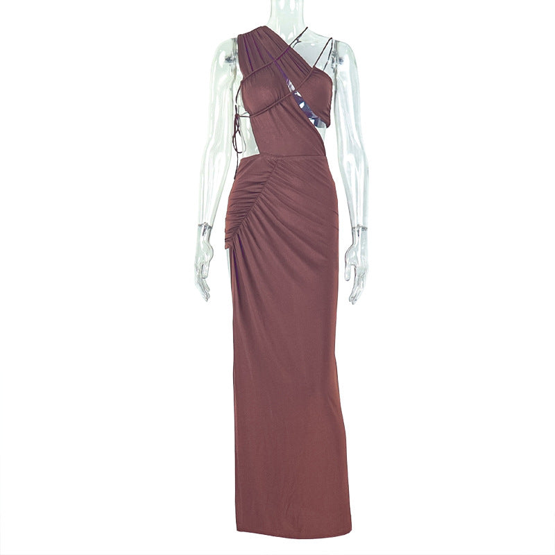 Slim Fit Backless Split Asymmetric Turtleneck Maxi Dress