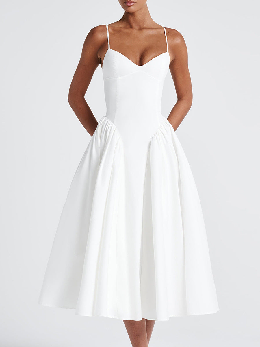 V neck Strap Backless White Dress