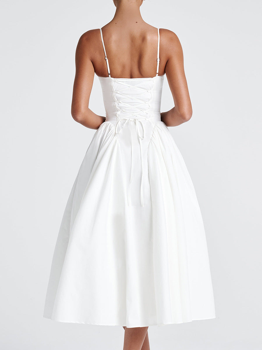 V neck Strap Backless White Dress