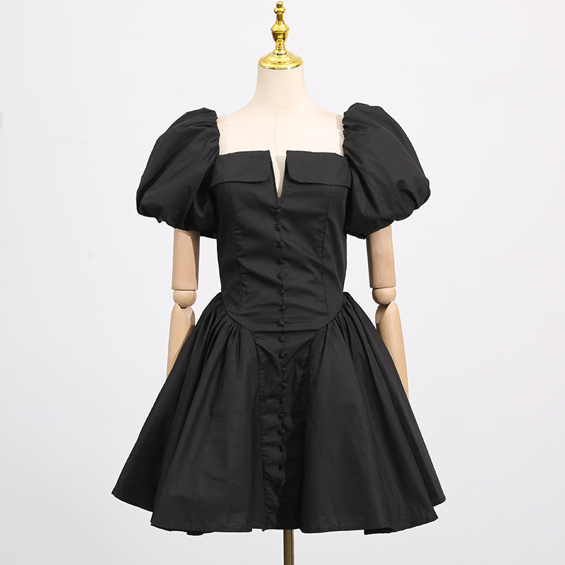 French Collarless Sleeve High Waist Dress