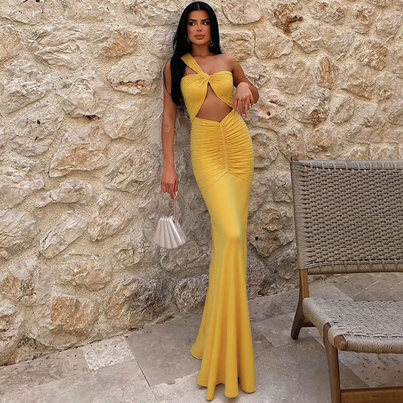One Shoulder Cutout Pleated Slim Fit Dress