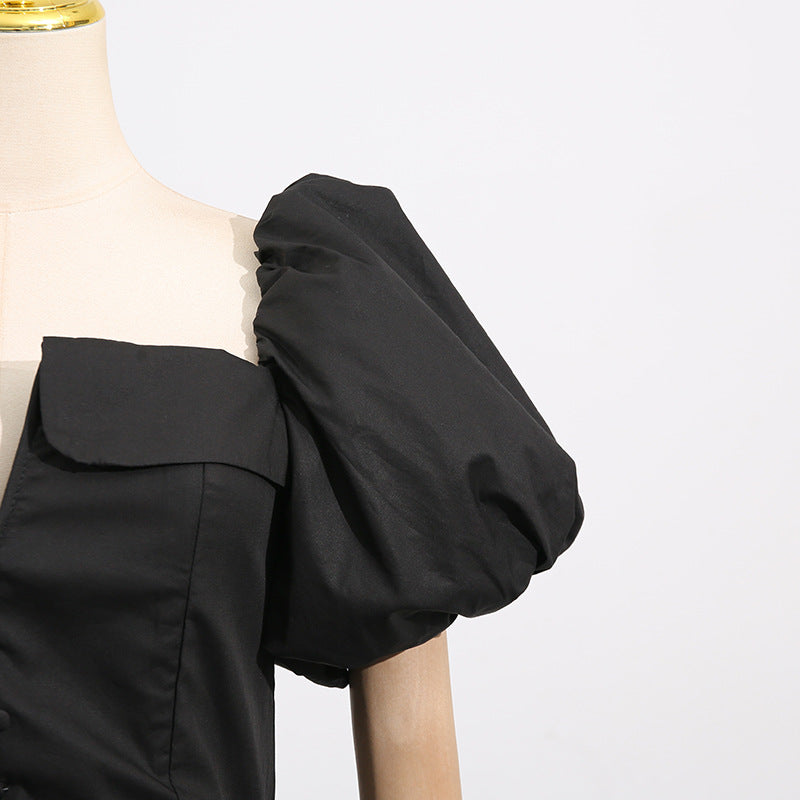 French Collarless Sleeve High Waist Dress