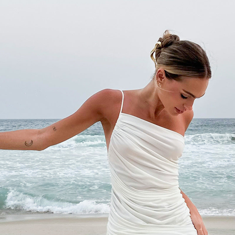 Sleeveless Drawstring Pleated Dress