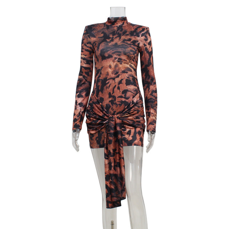 Crew Neck Long Sleeve Tiger Stripe Lace up Dress