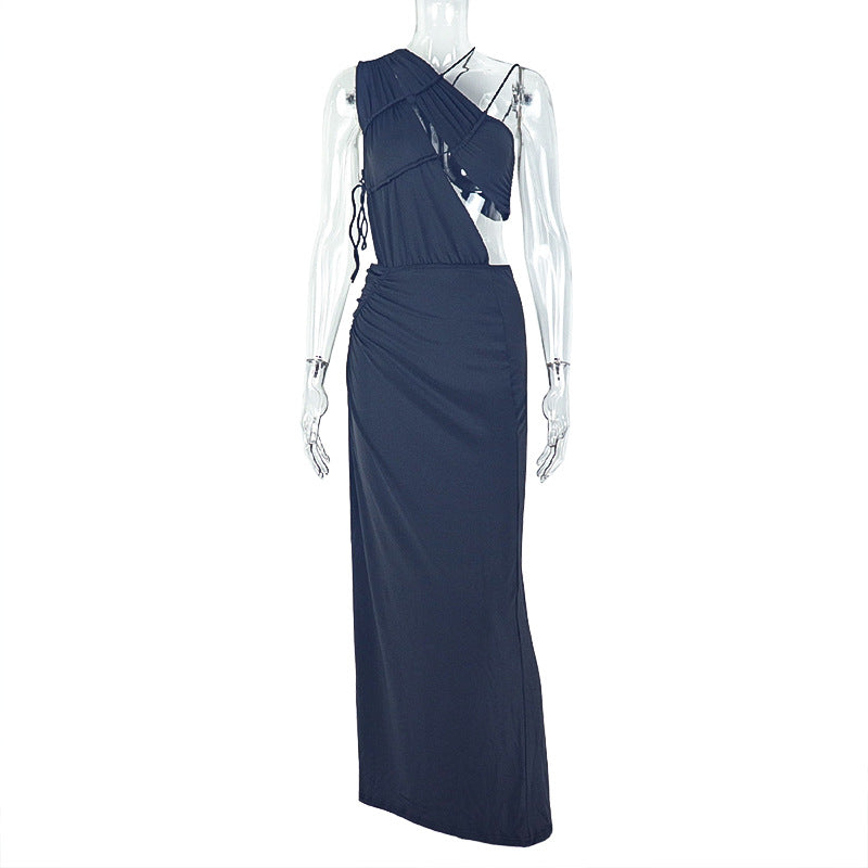 Slim Fit Backless Split Asymmetric Turtleneck Maxi Dress