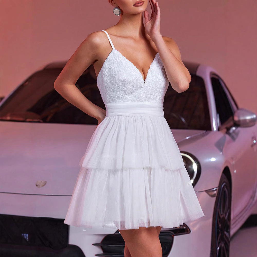 White Mesh Camisole Short Evening Dress