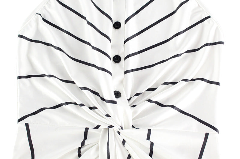 Striped Print V neck Halter Twist Fitted Waist Backless Formal Dress