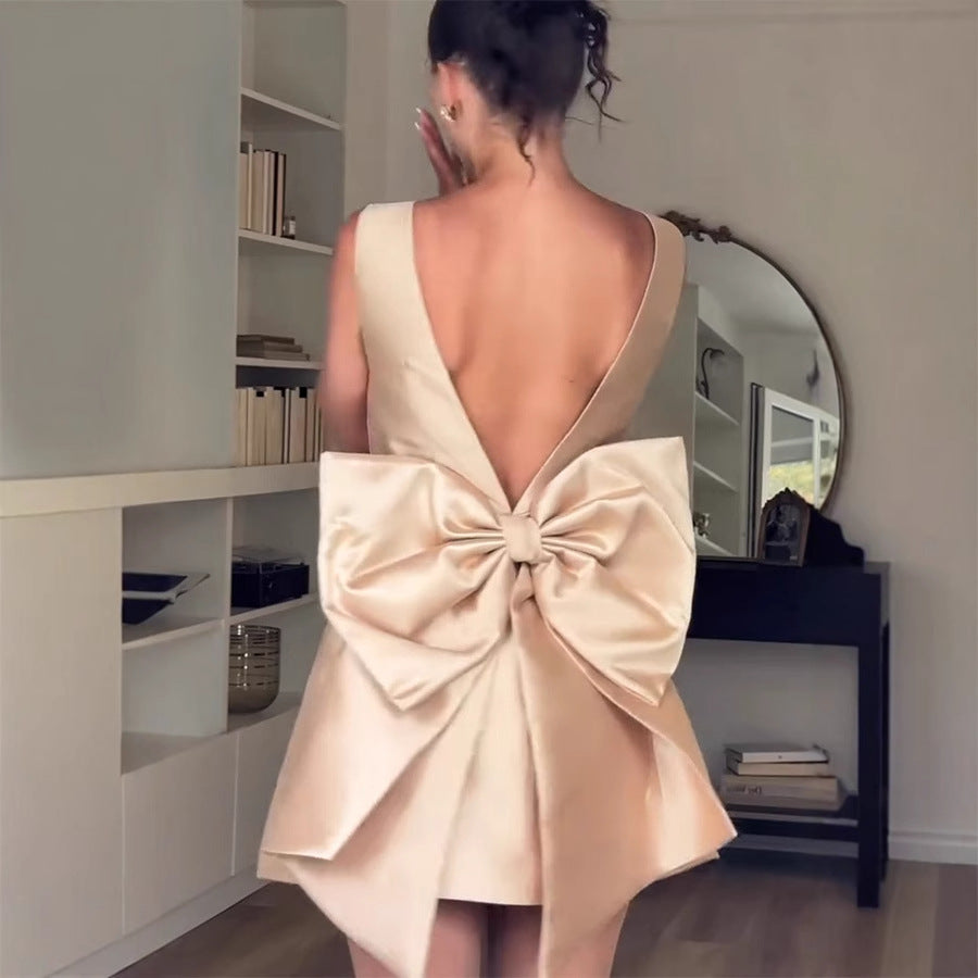 Satin Backless Bow Dress