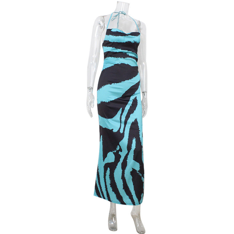 Swing Collar Sling Waist Tight High Slit Printing Dress