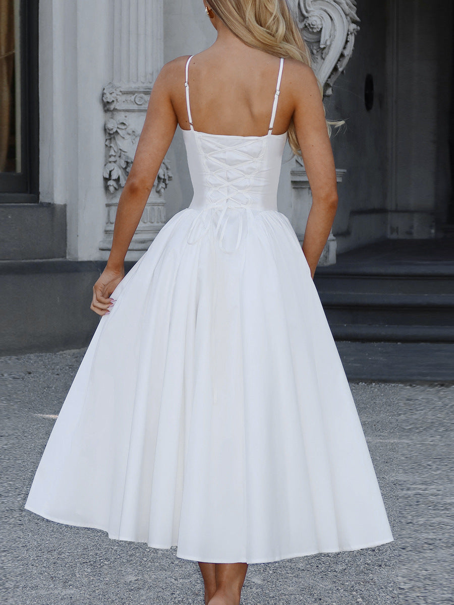 V neck Strap Backless White Dress