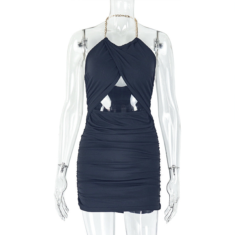 Pleated Hip Backless Halter Dress