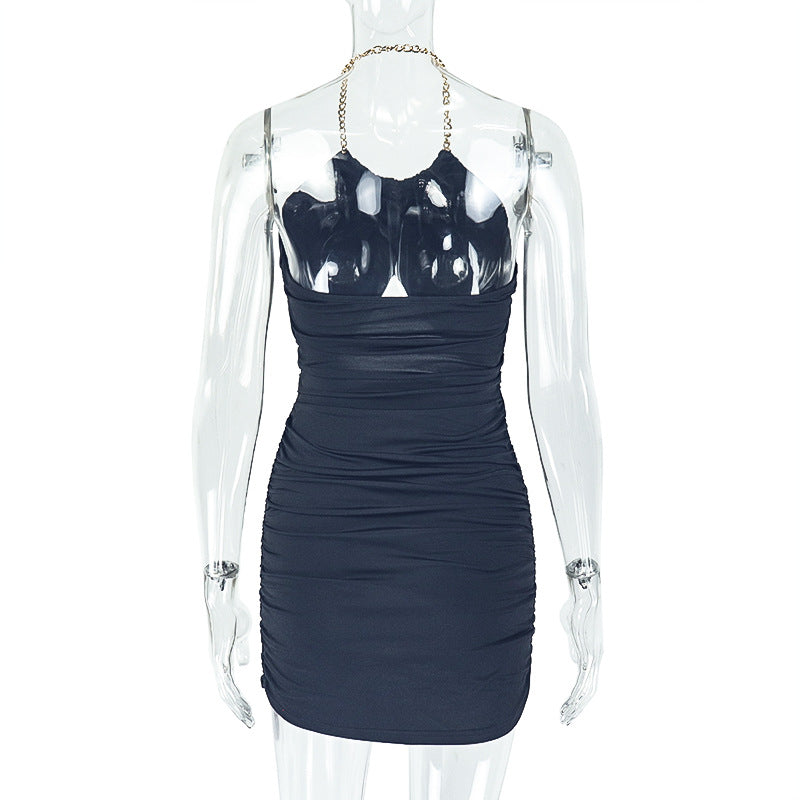 Pleated Hip Backless Halter Dress