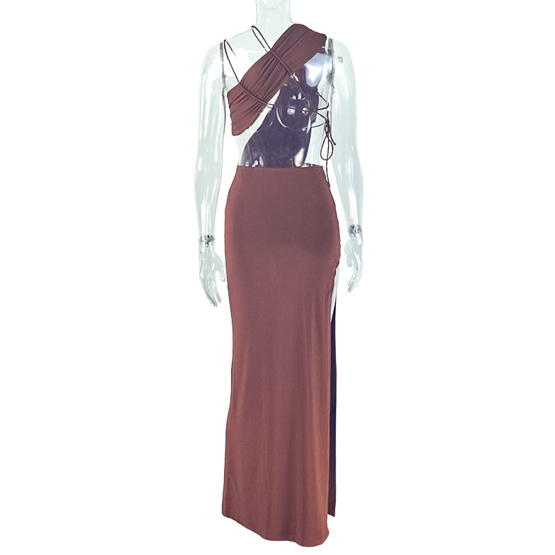 Slim Fit Backless Split Asymmetric Turtleneck Maxi Dress