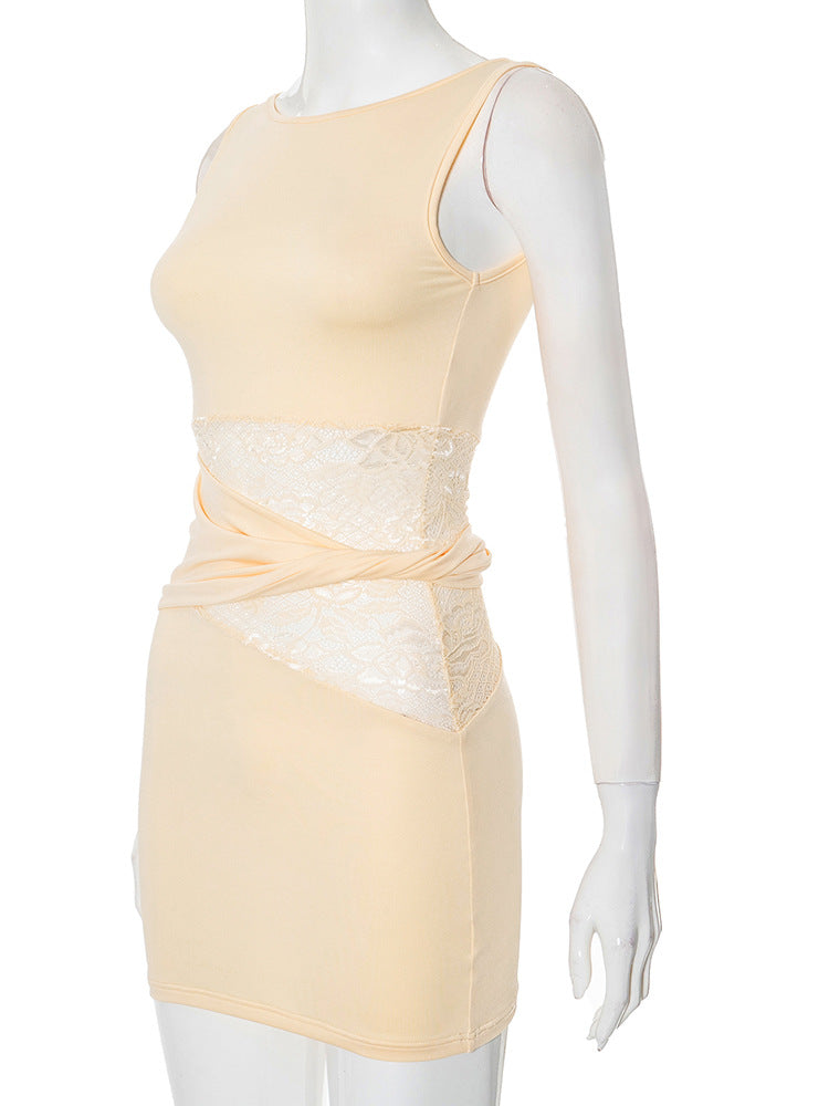 Sleeveless Lace Hollow Out Twist Ring Dress