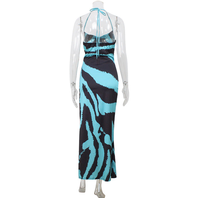 Swing Collar Sling Waist Tight High Slit Printing Dress