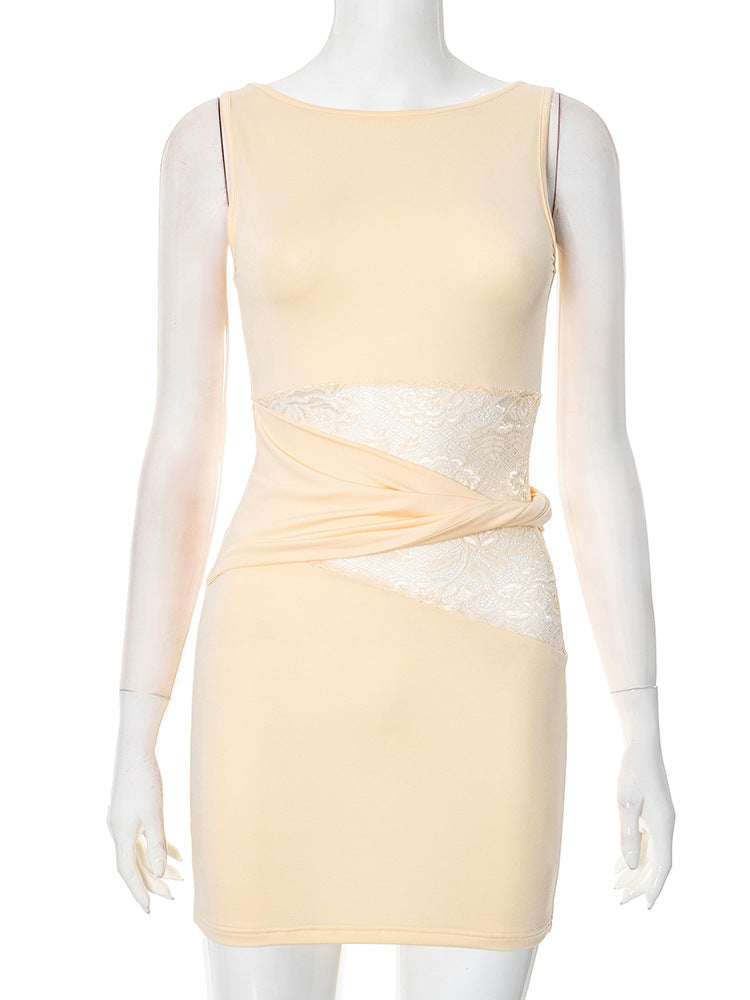 Sleeveless Lace Hollow Out Twist Ring Dress