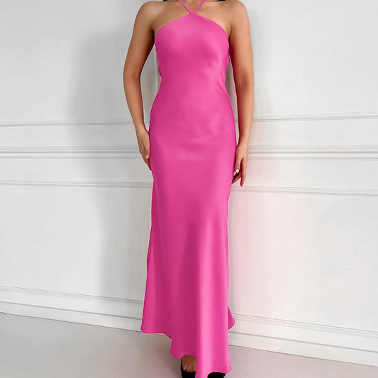 Sleeveless Halter Maxi Satin Dress