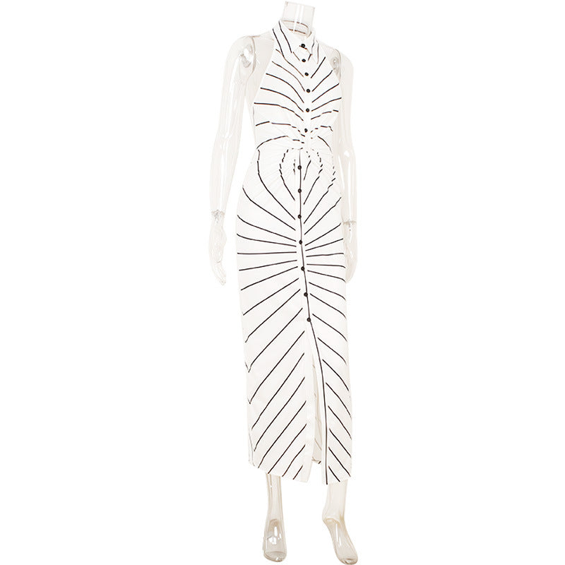 Striped Print V neck Halter Twist Fitted Waist Backless Formal Dress