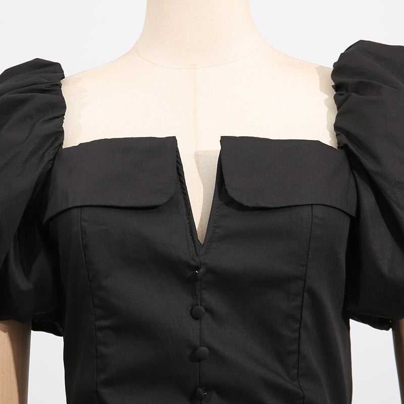 French Collarless Sleeve High Waist Dress