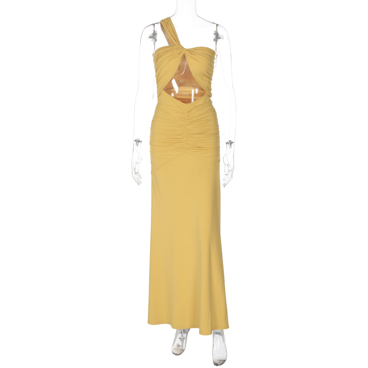 One Shoulder Cutout Pleated Slim Fit Dress