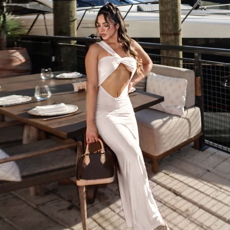 One Shoulder Cutout Pleated Slim Fit Dress