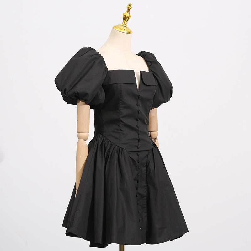 French Collarless Sleeve High Waist Dress