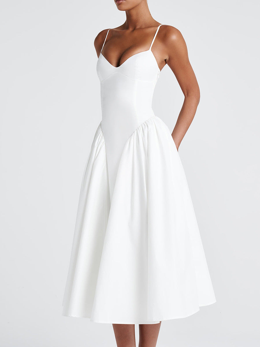 V neck Strap Backless White Dress