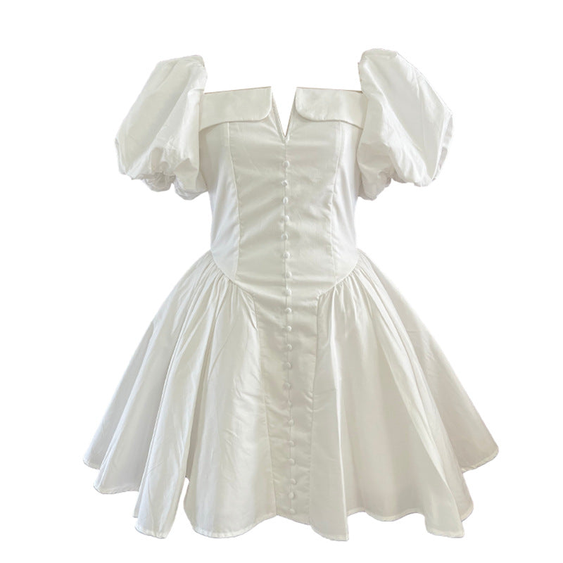 French Collarless Sleeve High Waist Dress