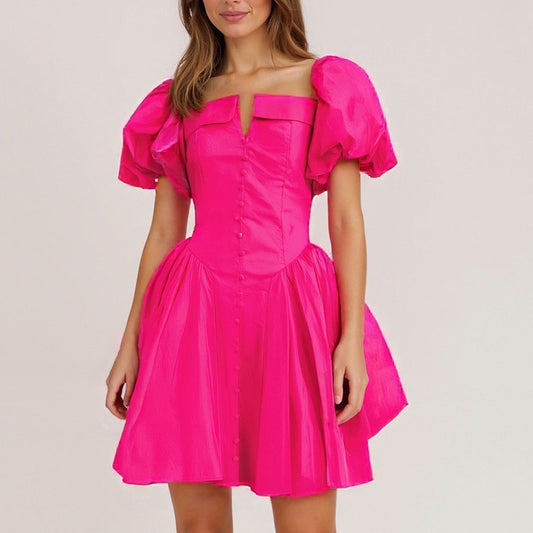 French Collarless Sleeve High Waist Dress