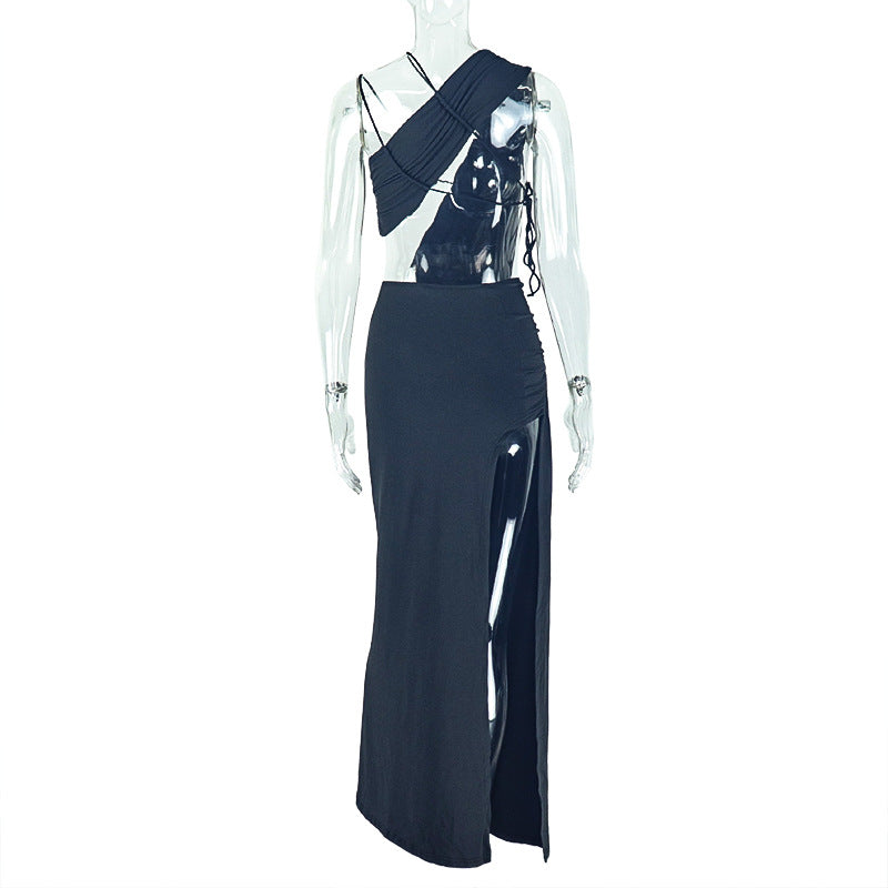 Slim Fit Backless Split Asymmetric Turtleneck Maxi Dress