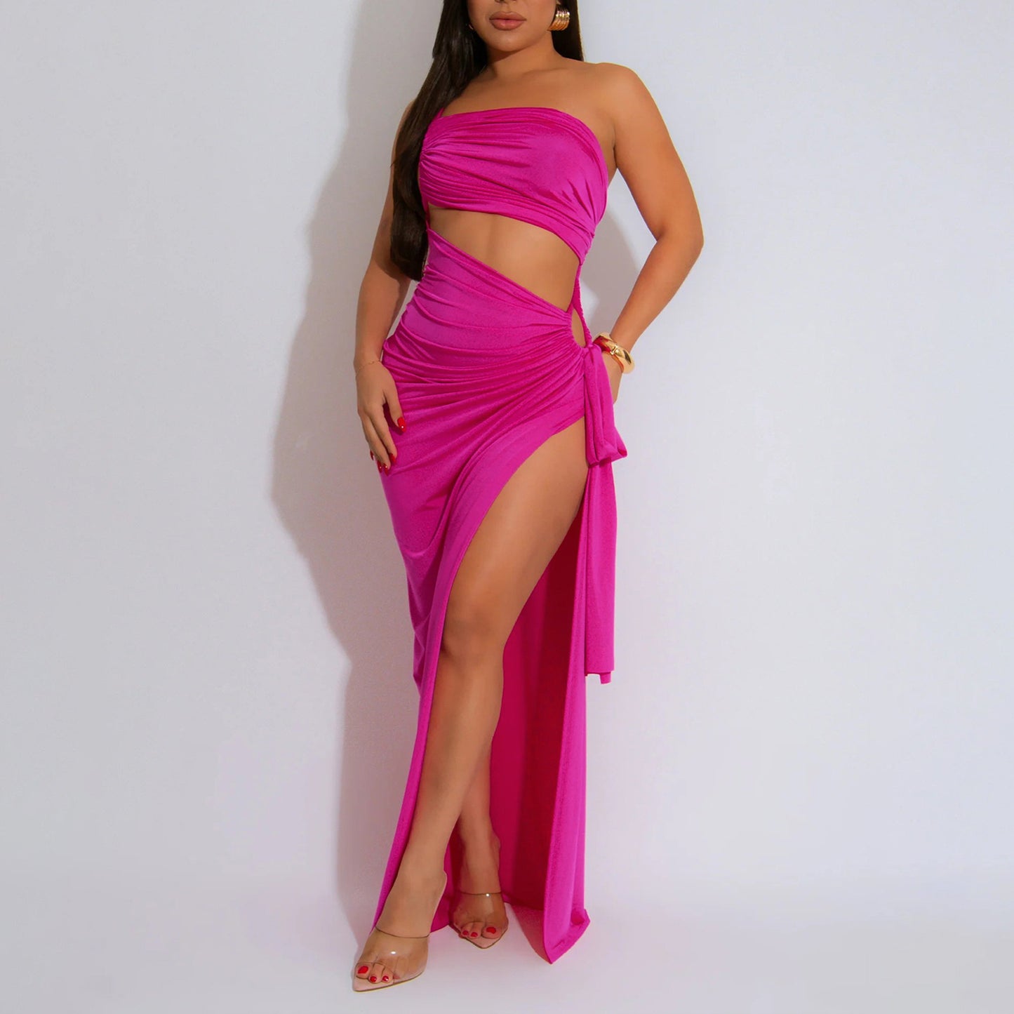 Diagonal Collar Sexy Tube Top Split Dress