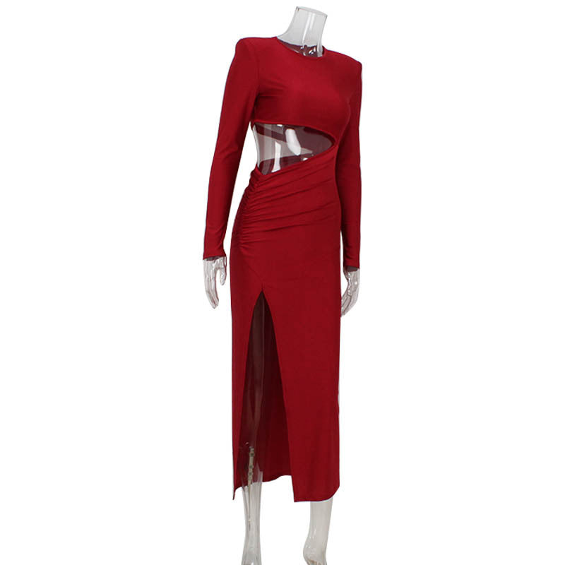 Round Neck Long Sleeve Retro Dress