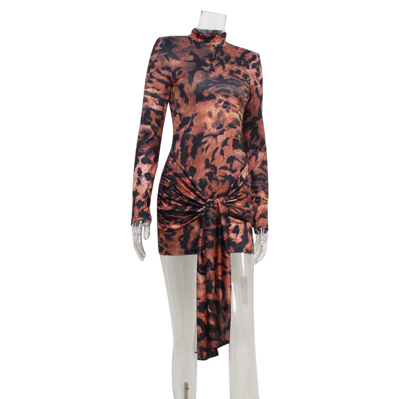 Crew Neck Long Sleeve Tiger Stripe Lace up Dress
