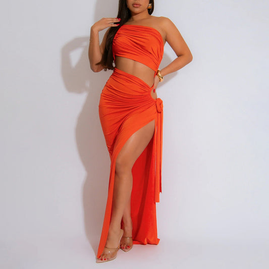 Diagonal Collar Sexy Tube Top Split Dress