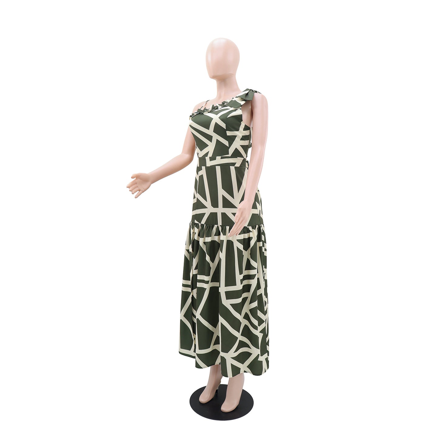Shoulder Print Casual Wooden Ear A line Dress