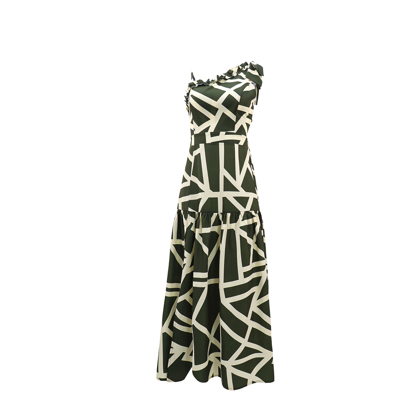 Shoulder Print Casual Wooden Ear A line Dress