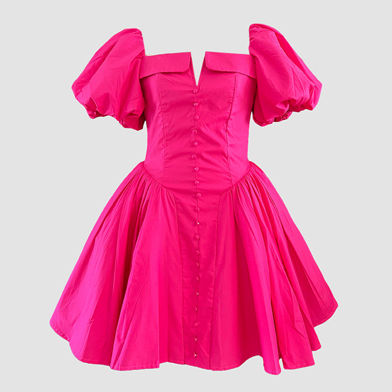French Collarless Sleeve High Waist Dress