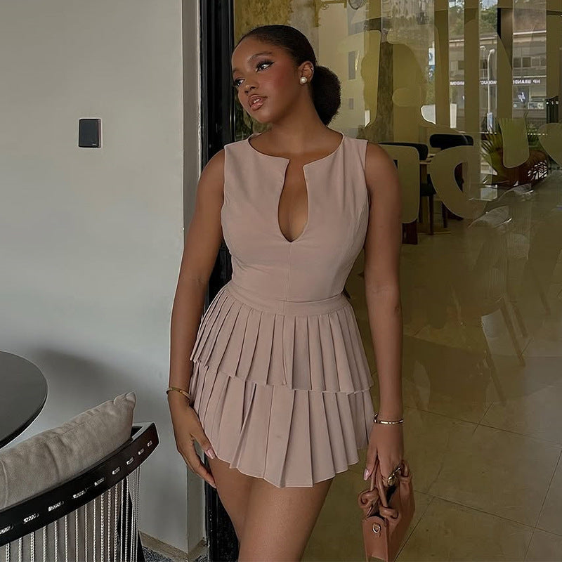 Sweet V Neck High Waist Pleated A line Short Dress