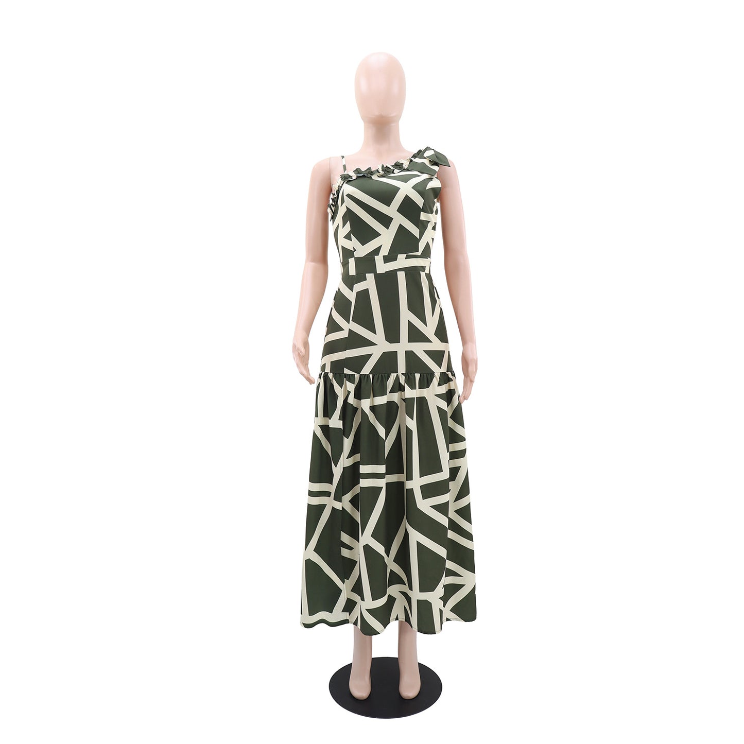 Shoulder Print Casual Wooden Ear A line Dress