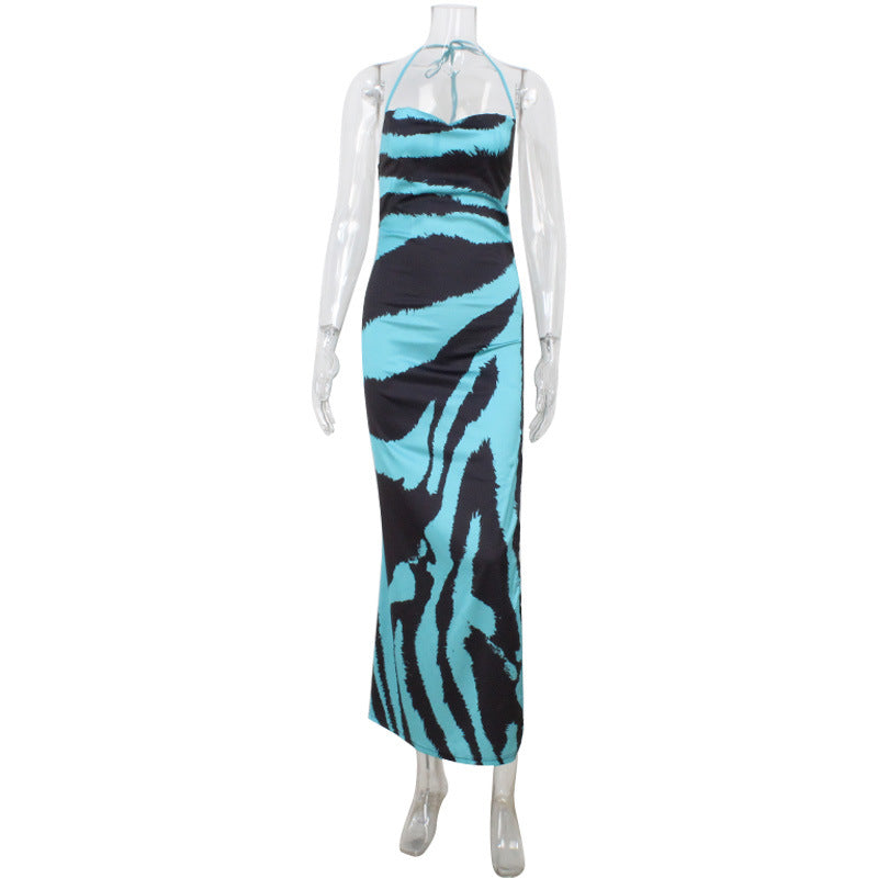 Swing Collar Sling Waist Tight High Slit Printing Dress