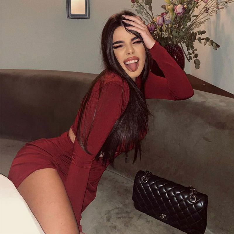 Round Neck Long Sleeve Retro Dress