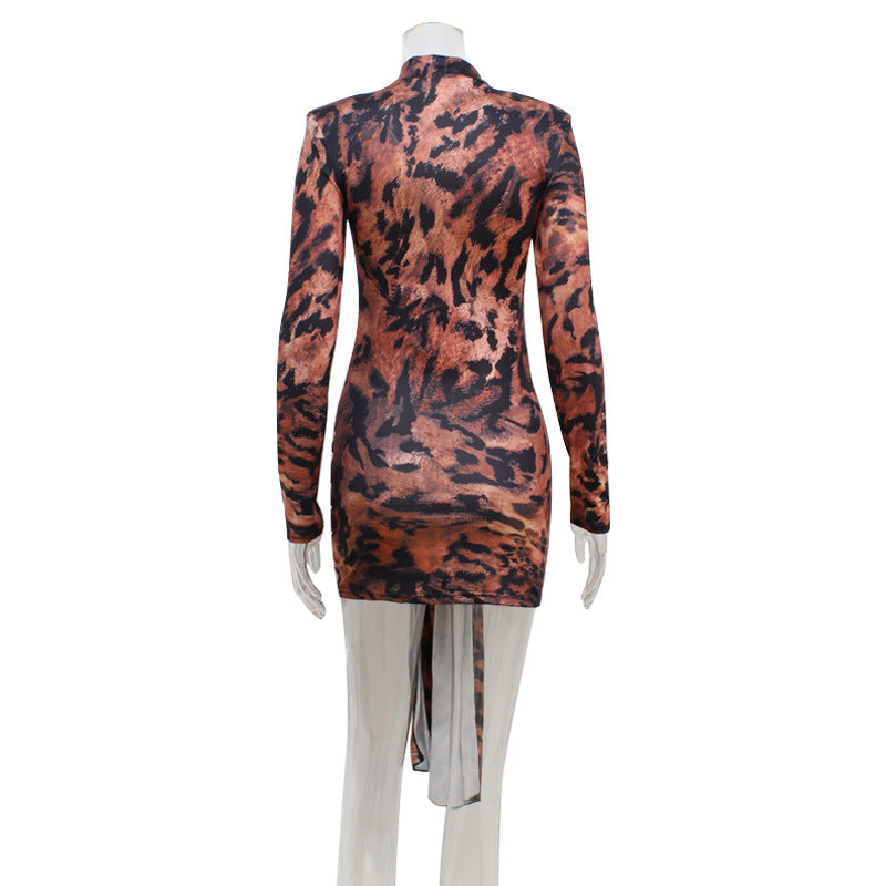 Crew Neck Long Sleeve Tiger Stripe Lace up Dress