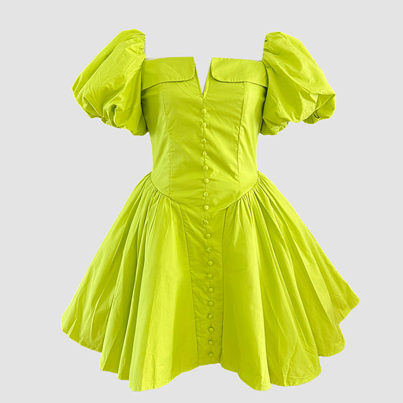 French Collarless Sleeve High Waist Dress